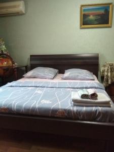 アクサイにあるКвартира центр Аксайのベッド1台(枕2つ、タオル2枚付)
