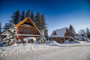 a log cabin in the snow next to a road at Domki u Bobaków in Ząb