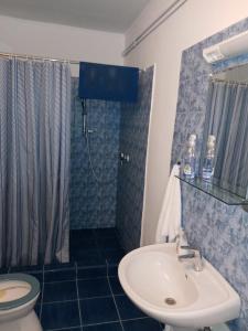 Véndektanya Vendégház في تابولتسا: حمام مع حوض ودش ومرحاض