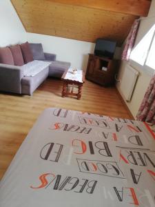 sala de estar con sofá y alfombra en Appartement 60m2 entre lac et montagne, en Vailly
