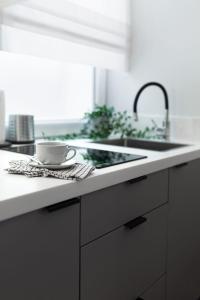 a kitchen counter with a sink and a cup on a towel at Apartamenty Familijne in Kudowa-Zdrój