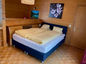 ein kleines Bett in einem Zimmer mit einer Holzwand in der Unterkunft Casi in Brienz
