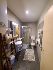 een badkamer met een douche, een toilet en een wastafel bij BELI VUK - Brzeće, Kopaonik in Brzeće