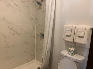 y baño blanco con aseo y ducha. en Landmark Inn, en Osawatomie