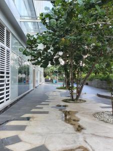 a hallway with a tree in a building at Comfy Apartment Grand Sungkon Lagoon in Dukuhpakis