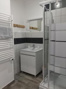 ein weißes Badezimmer mit einem Waschbecken und einem Spiegel in der Unterkunft les Balcons de l'Izoard - la Marmotte in Arvieux