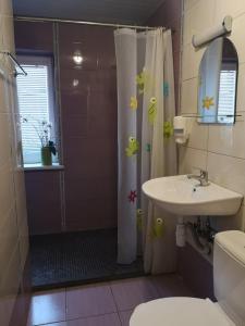 a bathroom with a shower curtain and a sink at Aroma Skuodiškio Užeiga in Skuodas