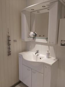een witte badkamer met een wastafel en een spiegel bij Fräulein Emma Lotta in Kronsgaard