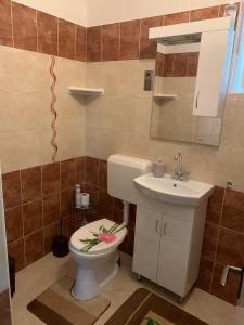 uma casa de banho com um WC e um lavatório em Katarina apartman em Hajdúszoboszló