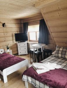 a bedroom with two beds and a table and a television at Pokoje u Małgorzatki in Murzasichle