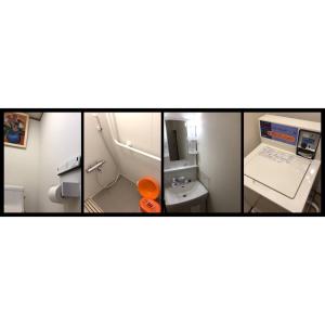 a collage of pictures of a bathroom with a toilet and a laptop at Hostel みんか松本 in Matsumoto