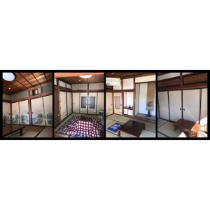 a collage of photos of a building with a pool at Hostel みんか松本 in Matsumoto