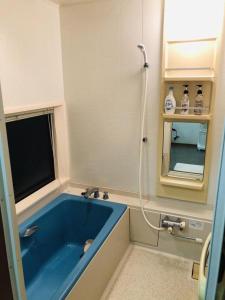 ein Badezimmer mit einer blauen Badewanne und einem Spiegel in der Unterkunft コテージトガワ＜Cottage TOGAWA＞ in Fujikawaguchiko