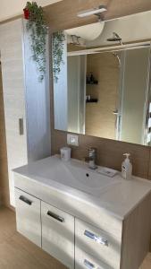 a bathroom with a white sink and a large mirror at Cozy Apartment Barzio in Barzio