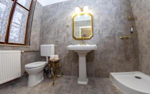 a bathroom with a sink and a toilet and a mirror at Locomotiv Vendégház in Hercegszántó +24 photos