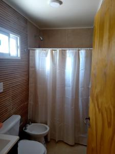 a bathroom with a shower curtain and a toilet at Colon M in Colón