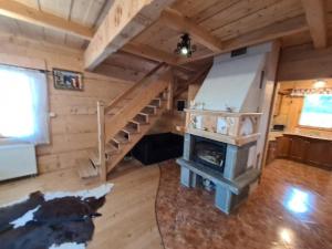 a living room with a fireplace in a log cabin at Alpinka in Bukowina Tatrzańska