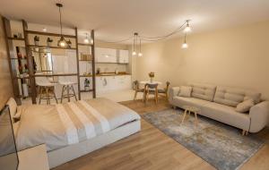 ein Schlafzimmer mit einem Bett, einem Sofa und einem Tisch in der Unterkunft Studio Talisman III in Sofia