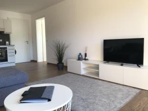 a living room with a flat screen tv on a white cabinet at Apartment Berg und See in Schliersee