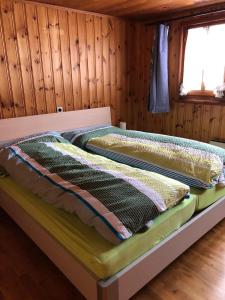two beds in a room with wooden walls at Haus Diezig in Niederwald