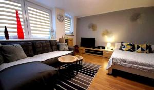 salon z dwoma łóżkami i kanapą w obiekcie Apartamet 45 w mieście Płock