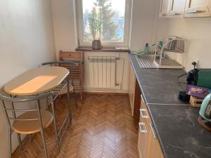 a kitchen with a counter and a table and chairs at White Apartment House in Bielsko-Biała