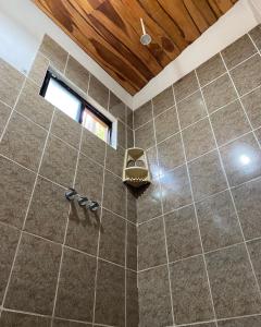 a bathroom with a tiled shower with a window at Mirians Place Drake in Drake