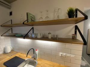 a kitchen with wooden shelves above a sink at Perła in Przecław