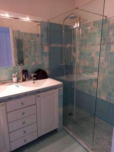 a bathroom with a sink and a glass shower at Appartement 3P Résidence La Napoule Village Plage in Mandelieu-la-Napoule