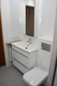 a white bathroom with a sink and a toilet at Dom Przyjęć Pradziad in Rogów