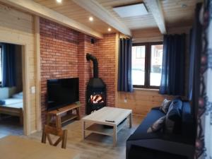 a living room with a fireplace and a couch at Słoneczne Chaty Kasina Wielka in Kasina Wielka