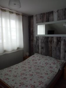 1 dormitorio con cama y espejo en la pared en Roztoczański Dworek en Zamość