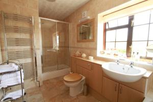 un bagno con wc, lavandino e doccia di Pointers Guest House a Wistow