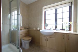 a bathroom with a toilet and a sink and a shower at Pointers Guest House in Wistow