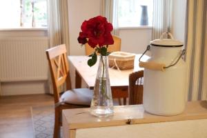 Alte Stellmacherei في بيلفورن: مزهرية فيها وردة حمراء على طاولة