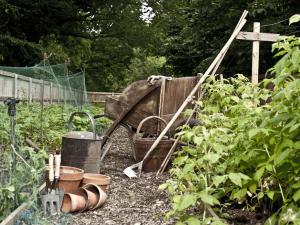 un jardín con una carretilla y algunas plantas en Marsham Arms Inn, en Hevingham