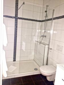 a bathroom with a shower and a toilet at Suiten Hotel Dependance Laterne in Baden-Baden