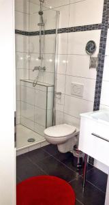 a bathroom with a shower and a toilet and a red rug at Suiten Hotel Dependance Laterne in Baden-Baden