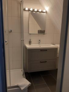 a bathroom with a sink and a mirror at Pension Sonnenblick in Brüel