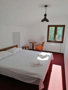 a bedroom with a white bed with two chairs and a window at Pensiunea Valea Pinului in Rau Sadului