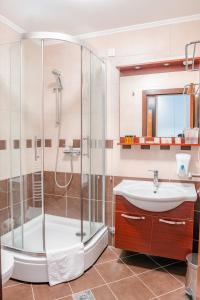 een badkamer met een douche en een wastafel bij Garden City Hotel Konjic in Konjic