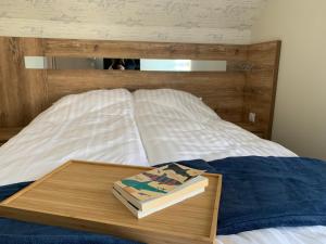 ein Bett mit einem Kopfteil aus Holz mit einem Buch darauf in der Unterkunft VIP House 1 in Vrnjačka Banja