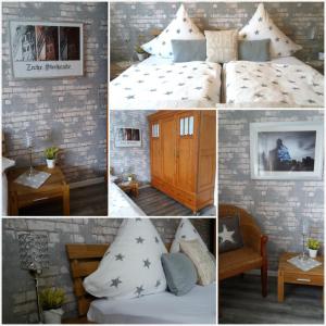 een collage van foto's van een slaapkamer met een bed en een tafel bij Ferienwohnung Nattkamp für Familien und Radbegeisterte in Oberhausen