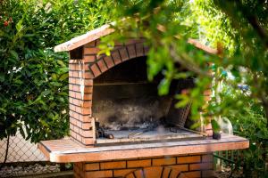 a brick oven with a fire inside of it at Apartments Mala Karla 1685 in Seget Vranjica