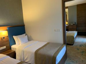 Barack Thermal Hotel and Spa في تيسزاكيتسيكيه: غرفة فندقية بسريرين ومرآة