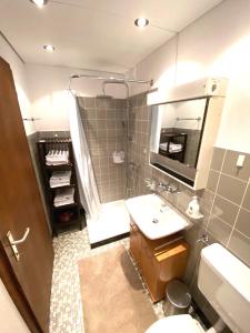 ein Bad mit einem Waschbecken, einer Dusche und einem Spiegel in der Unterkunft Haus Trynsch Flumserberg in Flumserberg