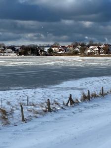 una persona sentada en la nieve junto a un cuerpo de agua en Gästehaus Schmidt, en Boltenhagen