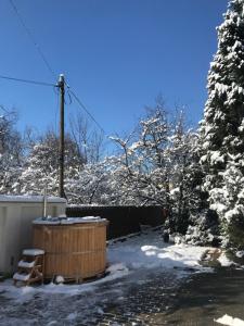 a hot tub in a yard with snow covered trees at Aranykert Vendégház in Eger