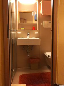 a bathroom with a sink and a toilet at Hotel Waltraud Garni in Kochel