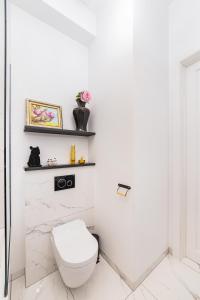 a white bathroom with a toilet and a shelf at Retro Apartment Old Town in Wrocław
